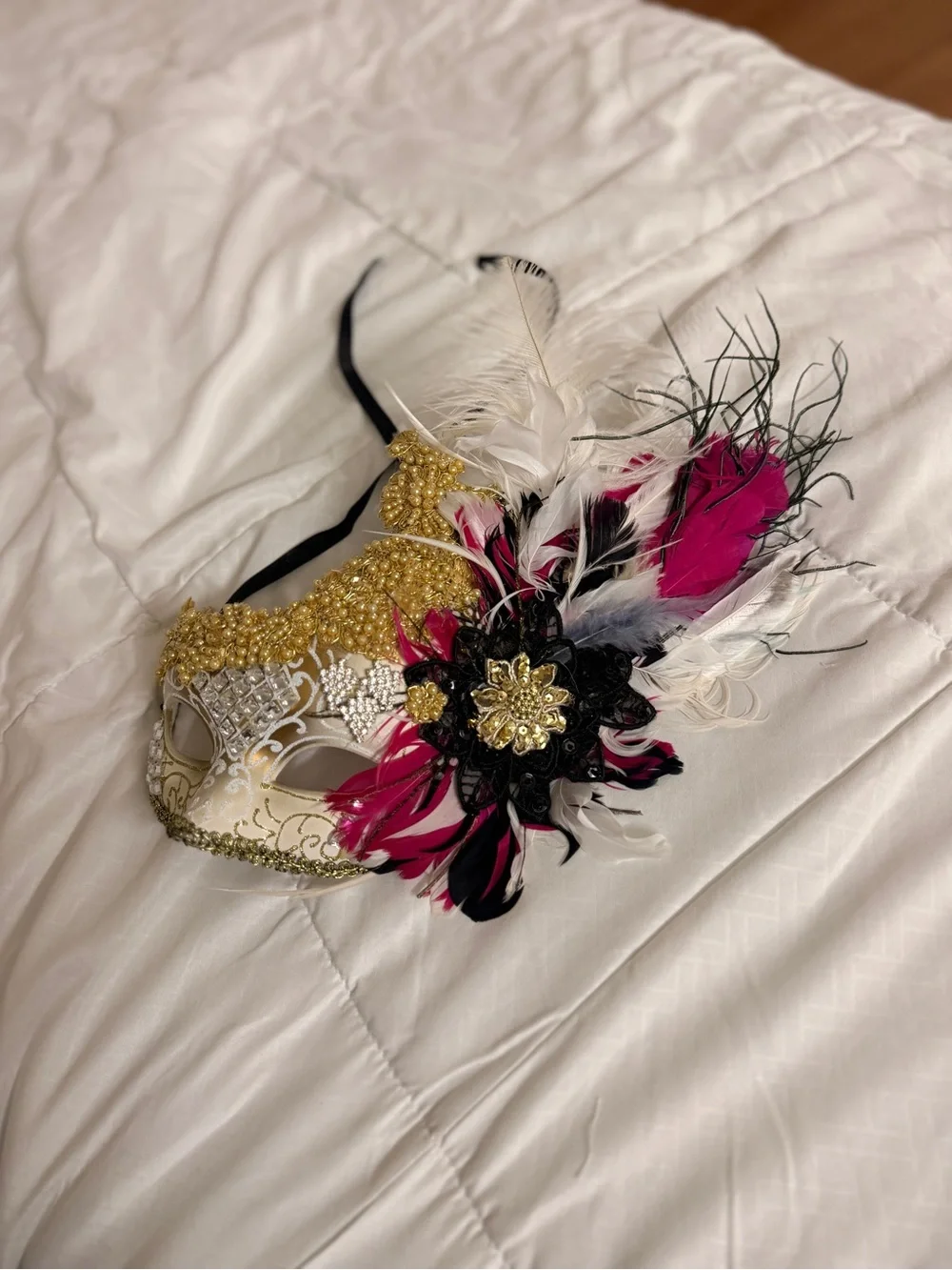 Gold and Pink Feathered Venetian Masquerade Mask